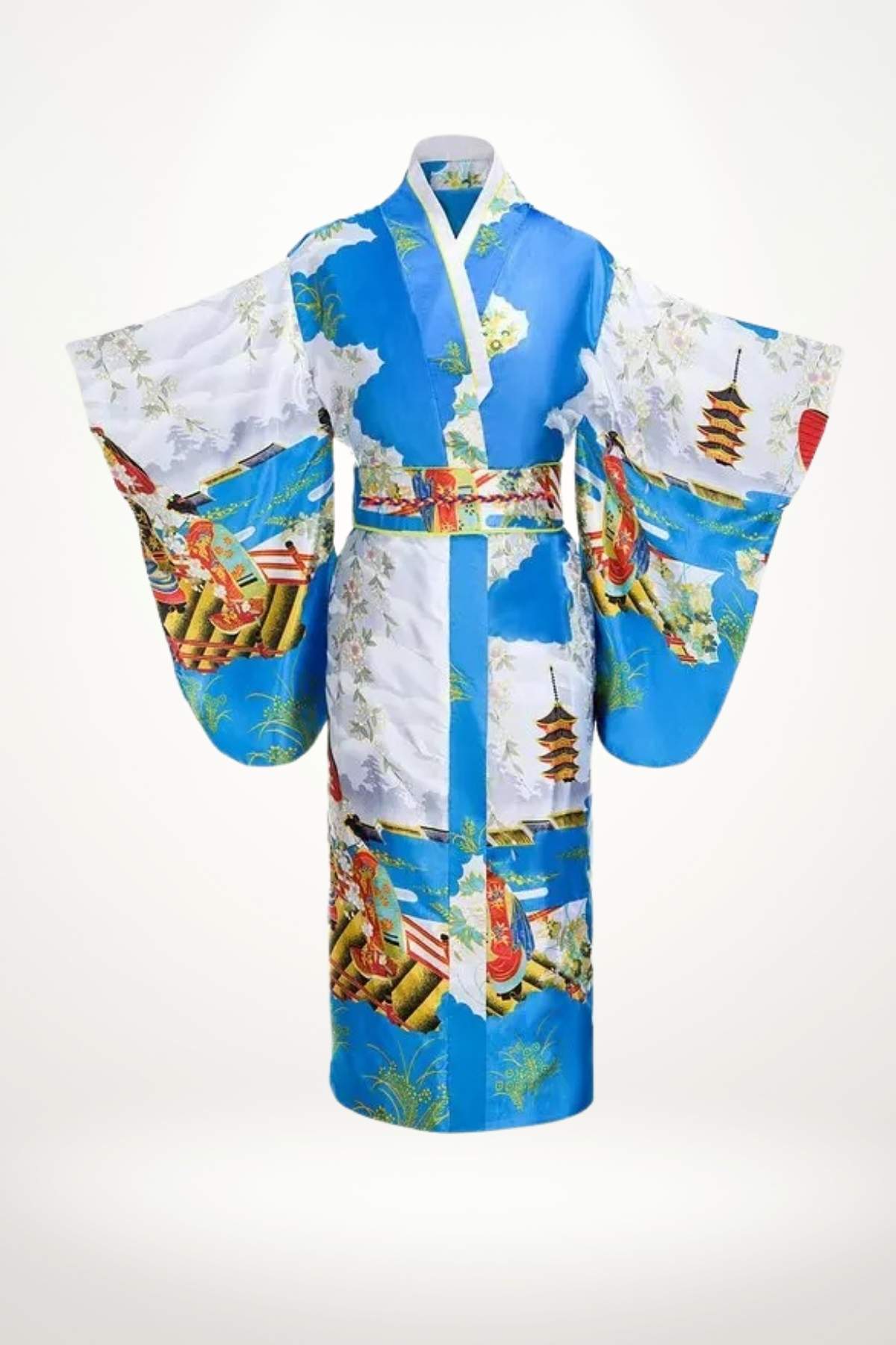Kimono en satin bleu vif avec motifs floraux et pagodes, manches larges et ceinture colorée