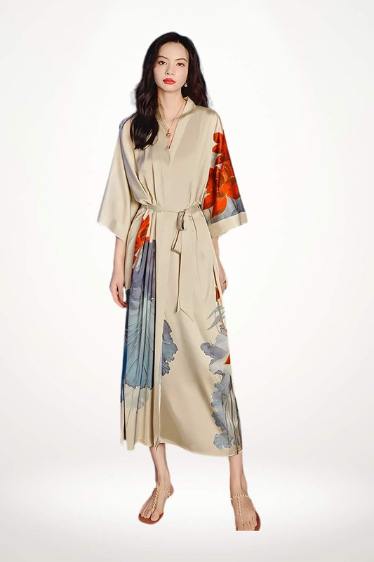 kimono luxe femme satin kaki motif floral gris perle oiseau élégant taille unique
