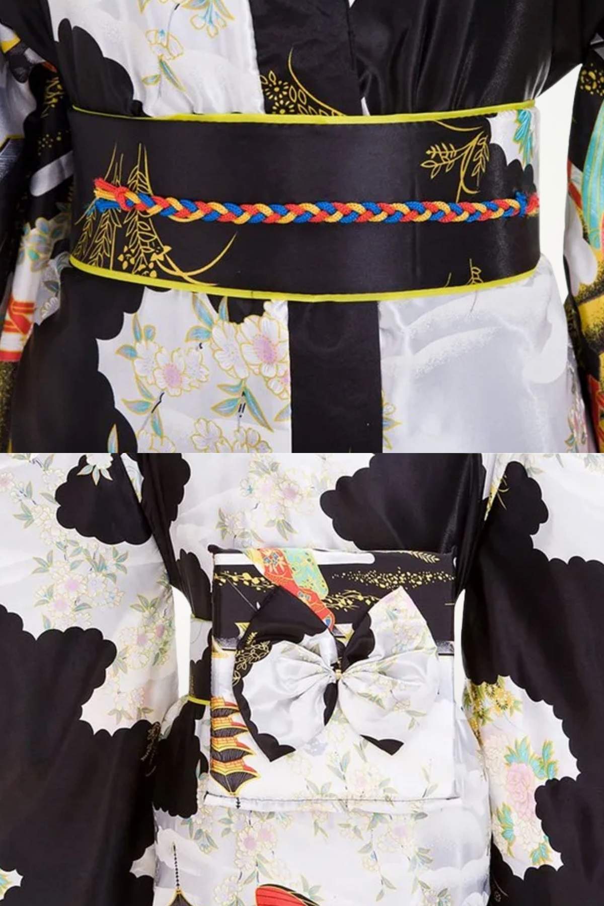 Kimono en satin noir et blanc avec motifs floraux, ceinturé d'un obi noir et d'une décoration colorée