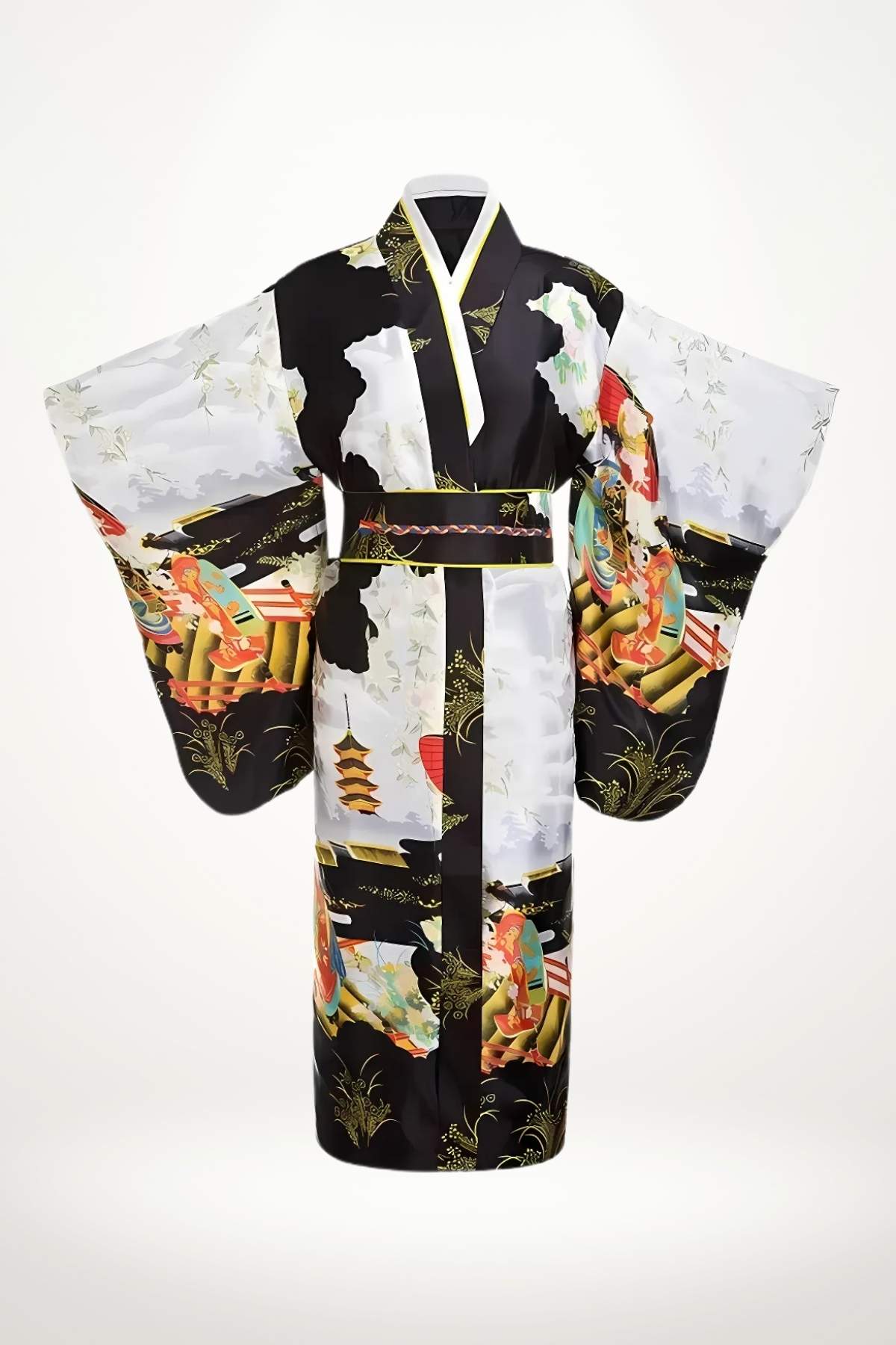 Kimono long noir et blanc en satin pour femme orné de motifs géisha et pagodes, coupe traditionnelle japonaise et ceinture cordon tressé.
