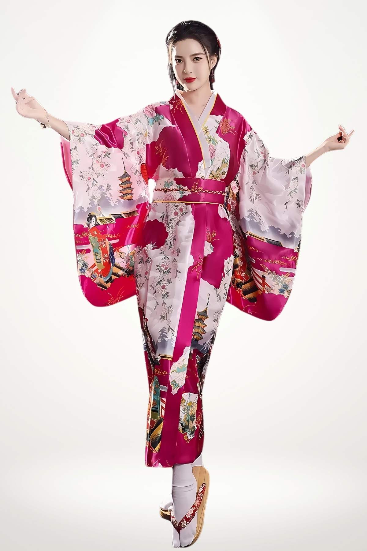 Femme en kimono satin rose avec motifs floraux et pagodes, posant élégamment sur fond blanc