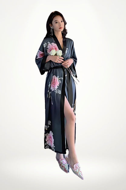 kimono luxe femme satin gris-bleu motif pivoines rose col noir taille unique  