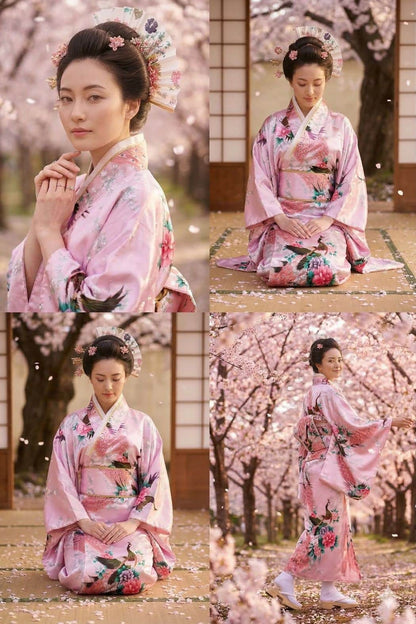 Femme en kimono en satin rose avec motifs floraux, assise dans un décor de cerisiers en fleurs