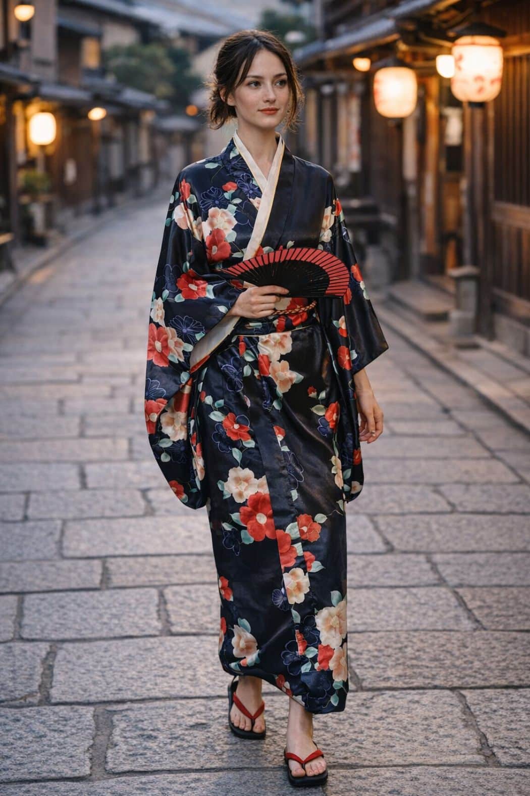Femme portant un kimono en satin noir à fleurs colorées, marchant sur une rue pavée traditionnelle