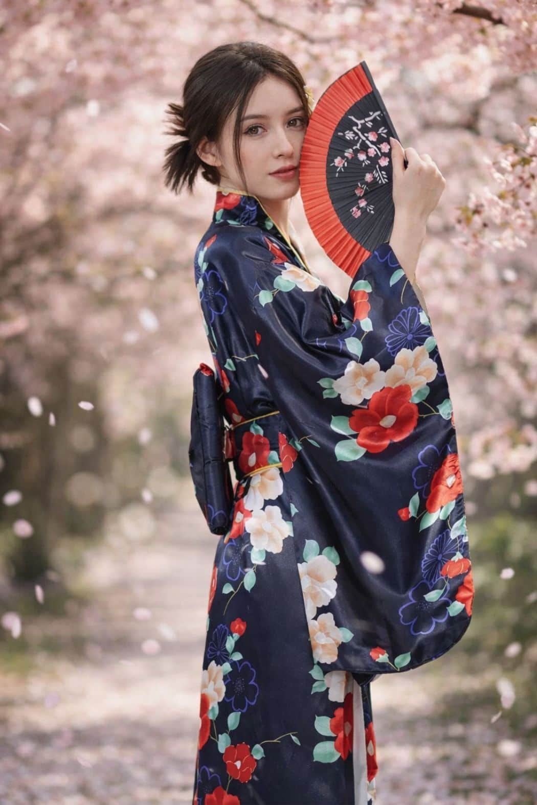 Femme en kimono en satin bleu marine orné de fleurs colorées, tenant un éventail noir et rouge, dans un décor