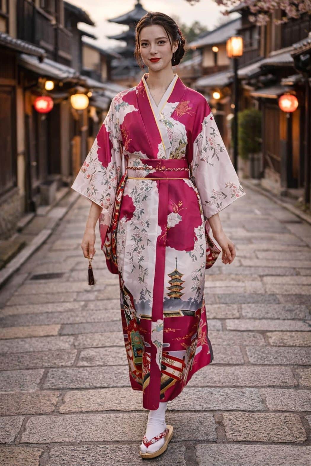 Femme en kimono satin rose et blanc, décoré de motifs floraux, marchant sur une rue pavée traditionnelle
