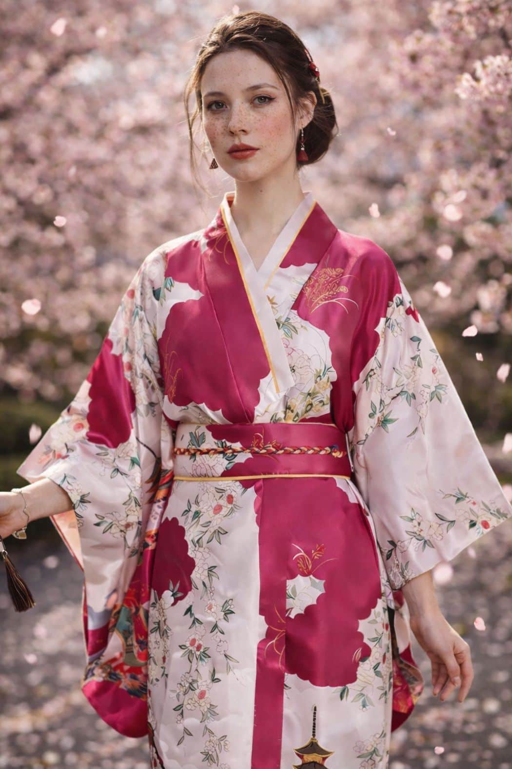 Femme portant un kimono en satin rose avec des motifs floraux, devant un décor de cerisiers en fleurs