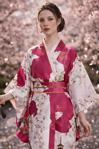 Femme portant un kimono en satin rose avec des motifs floraux, devant un décor de cerisiers en fleurs