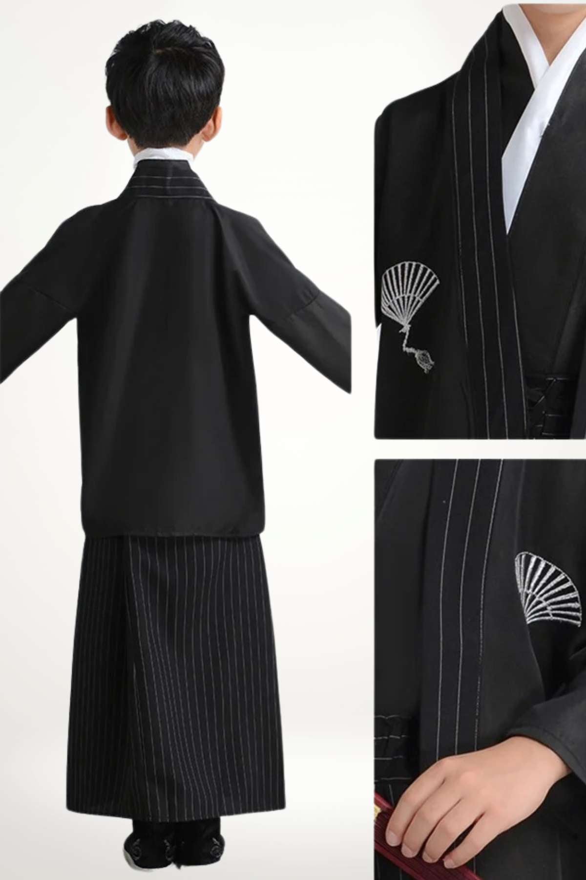 Kimono enfant traditionnel noir avec motifs de rayures blanches et une broderie de parapluie sur le col