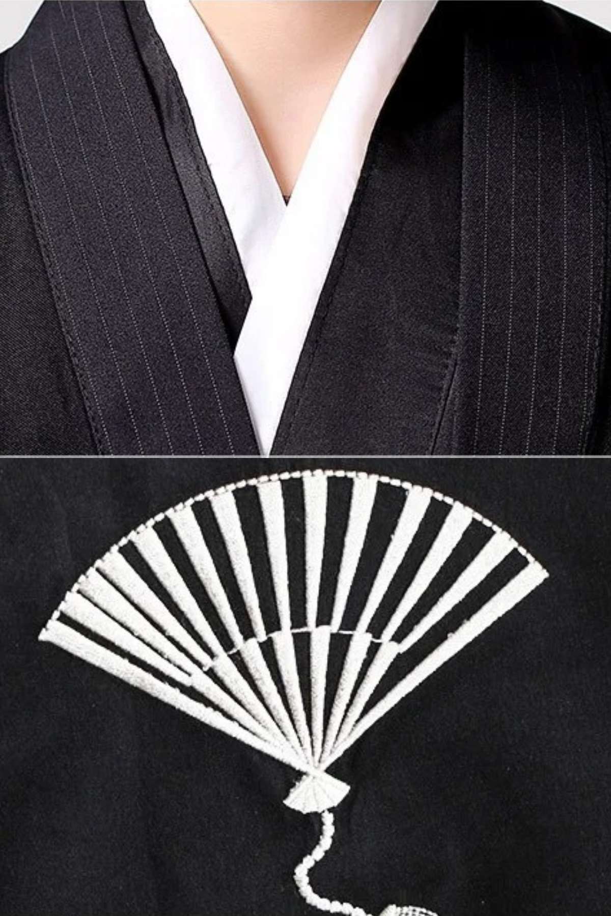 Kimono enfant traditionnel noir avec col blanc et motif de éventail blanc brodé sur le tissu