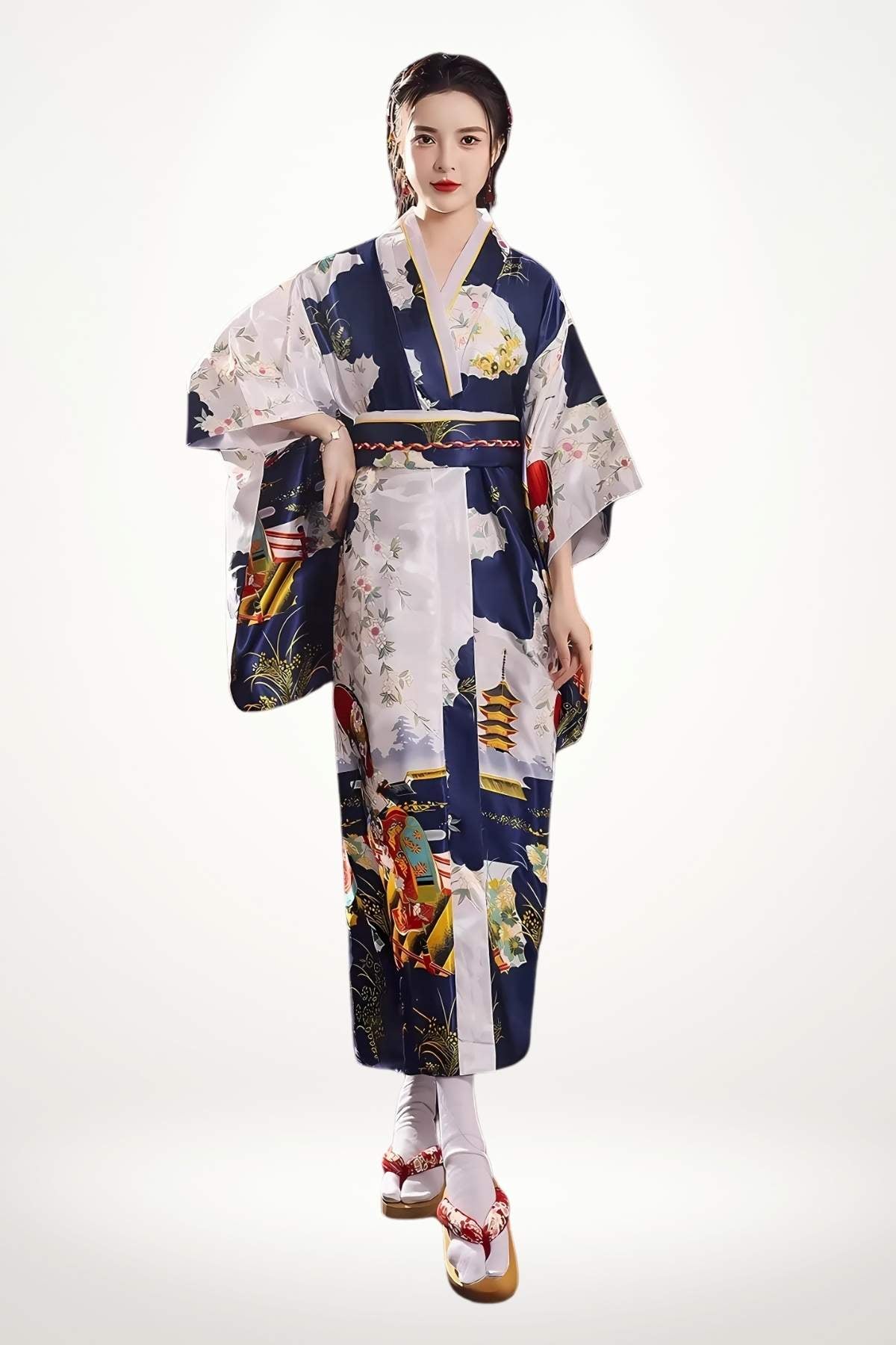 Kimono femme long en satin bleu marine et blanc aux motifs japonais traditionnels évoquant pagodes et geishas
