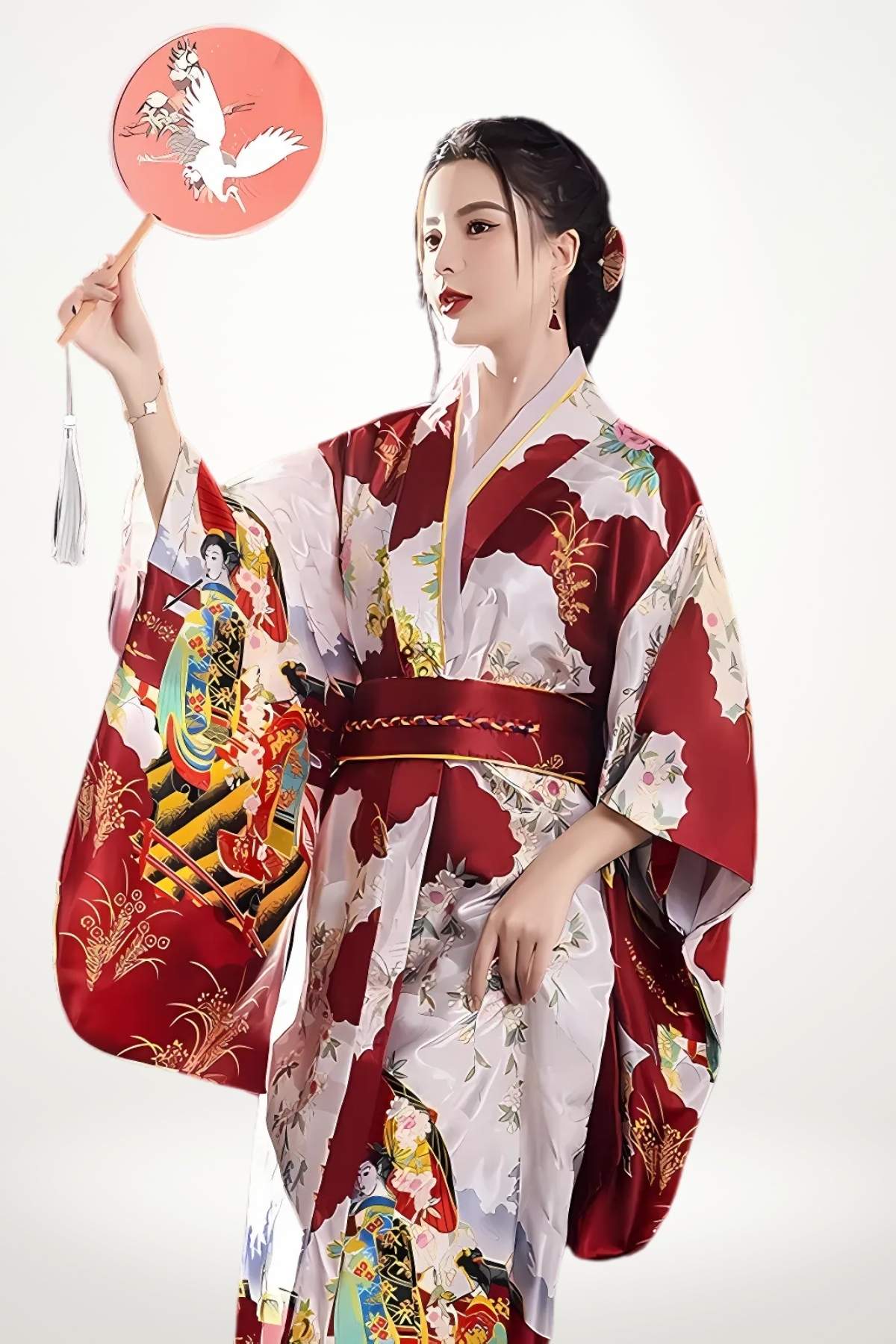 Femme en kimono rouge avec motifs floraux, tenant un éventail, sur fond blanc lumineux