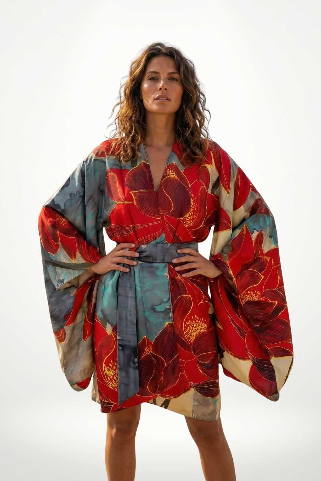 Femme portant un kimono en satin aux motifs floraux rouges et bleus, posant avec confiance sur un fond neutre