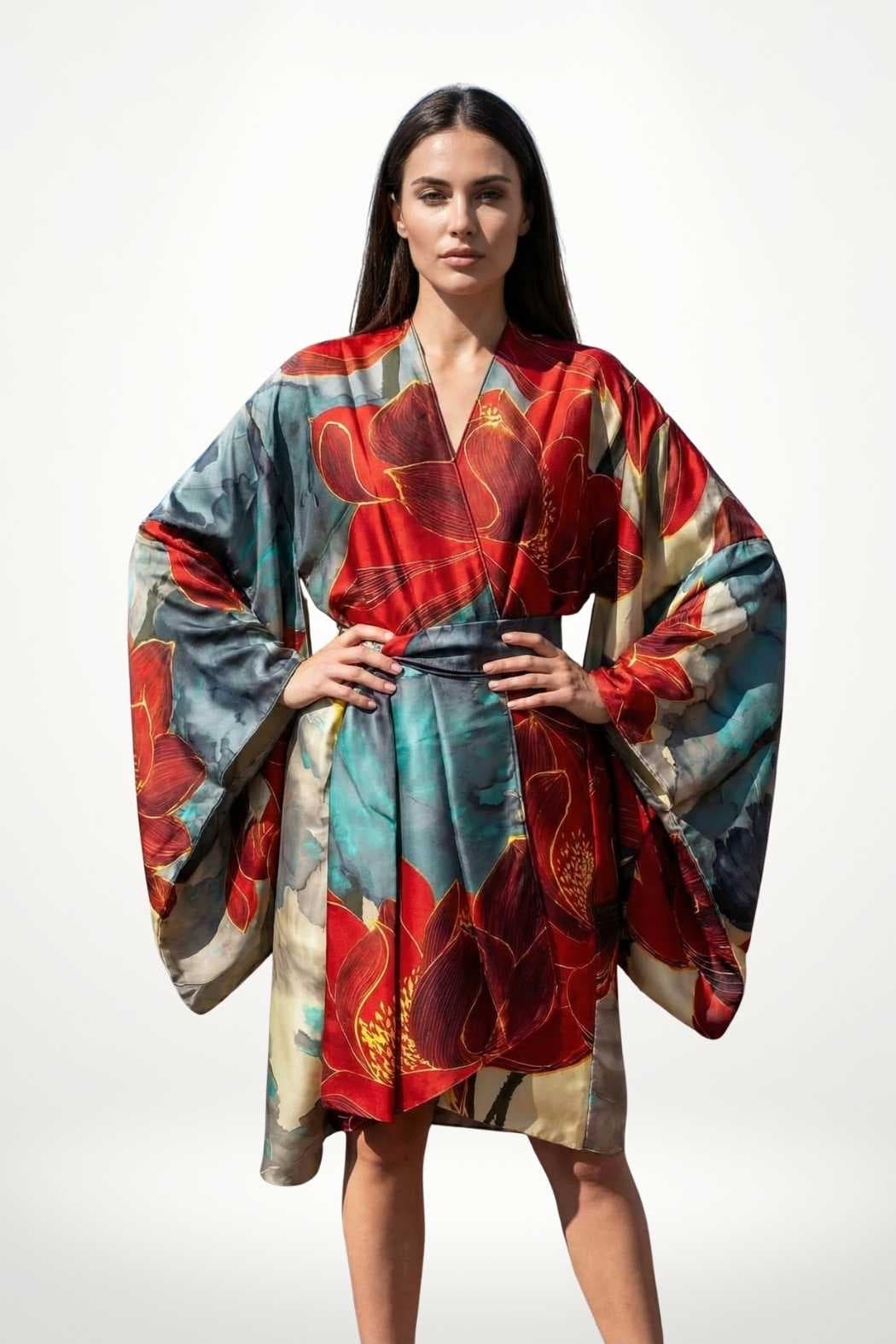 Femme portant un kimono en satin aux motifs floraux rouges et bleus, avec des manches larges, sur fond blanc