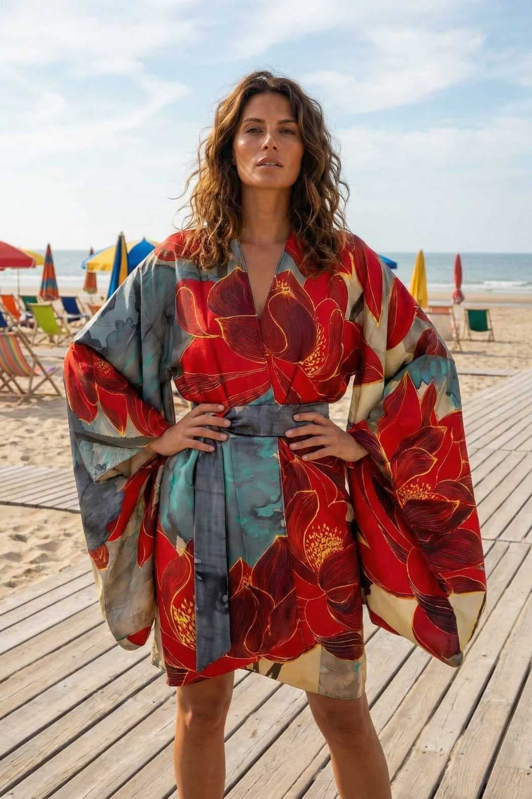 Femme en kimono satin aux motifs floraux rouges et gris, posant sur une plage ensoleillée avec des parasols colorés