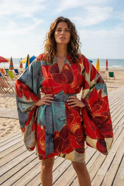 Femme en kimono satin aux motifs floraux rouges et gris, posant sur une plage ensoleillée avec des parasols colorés