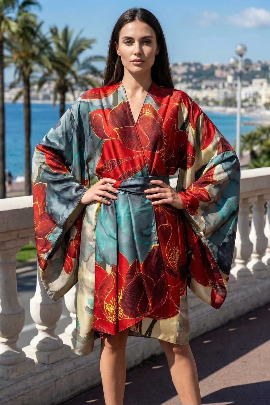 Femme portant un kimono en satin aux motifs floraux rouges et bleus, posant devant la mer et des palmiers