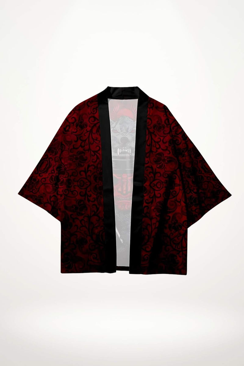 Kimono court pour femme, en velours rouge avec motifs floraux noirs et col en satin noir