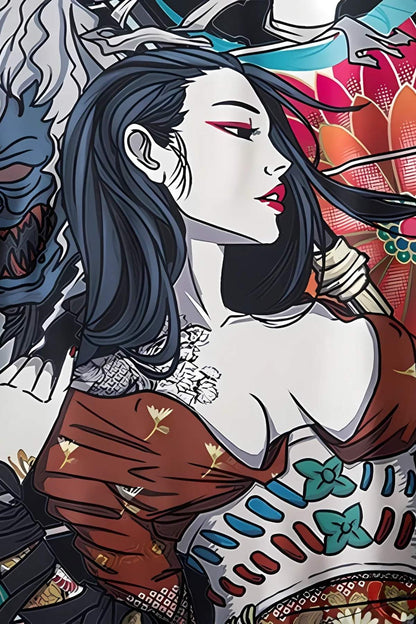 Kimono femme court noir esprit Harajuku chic avec motif guerrière manga, fleurs pastel et calligraphies japonaises
