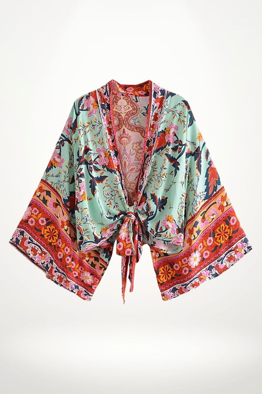 kimono femme court en coton vert d’eau à imprimé floral rouge et rose, style bohème vibrant noué à la taille