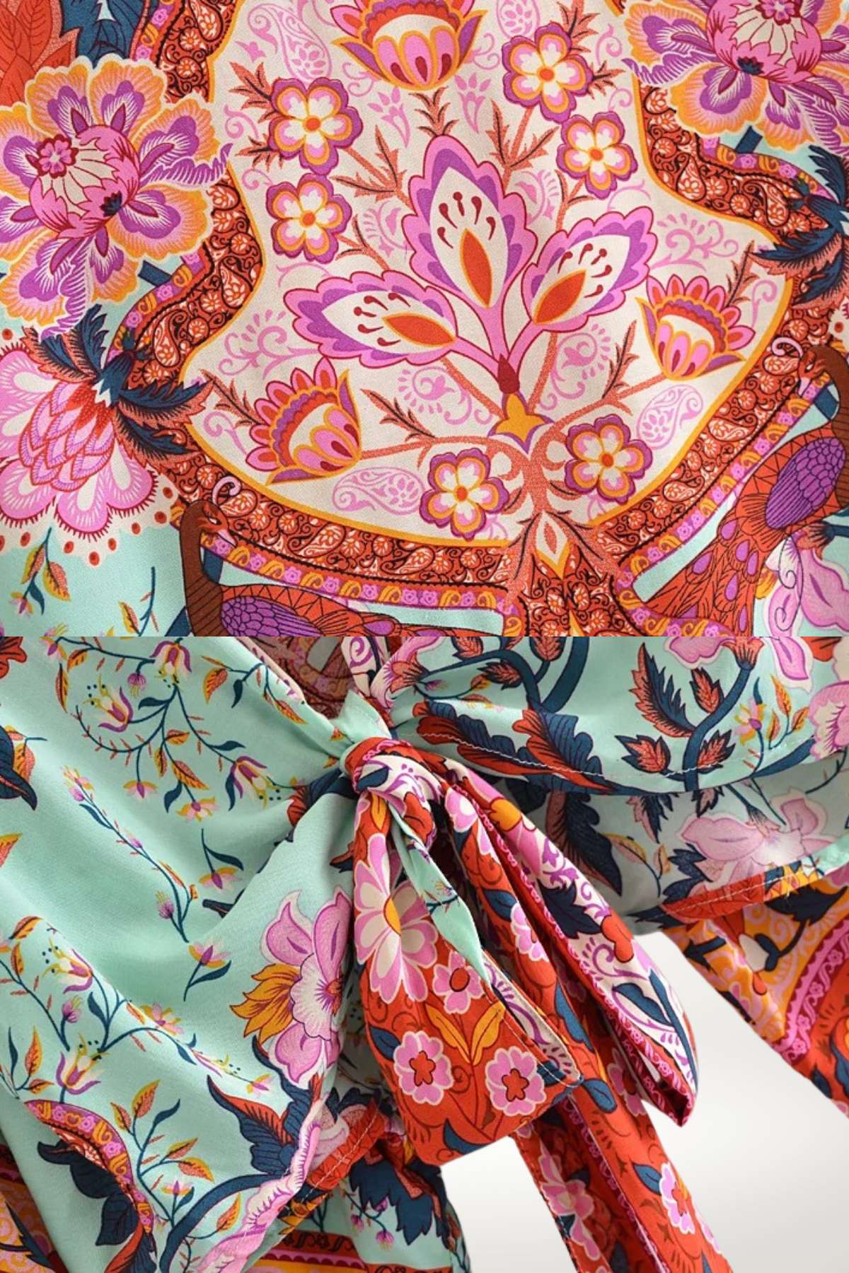 kimono femme court en coton vert d’eau à imprimé floral rouge et rose, style bohème vibrant noué à la taille