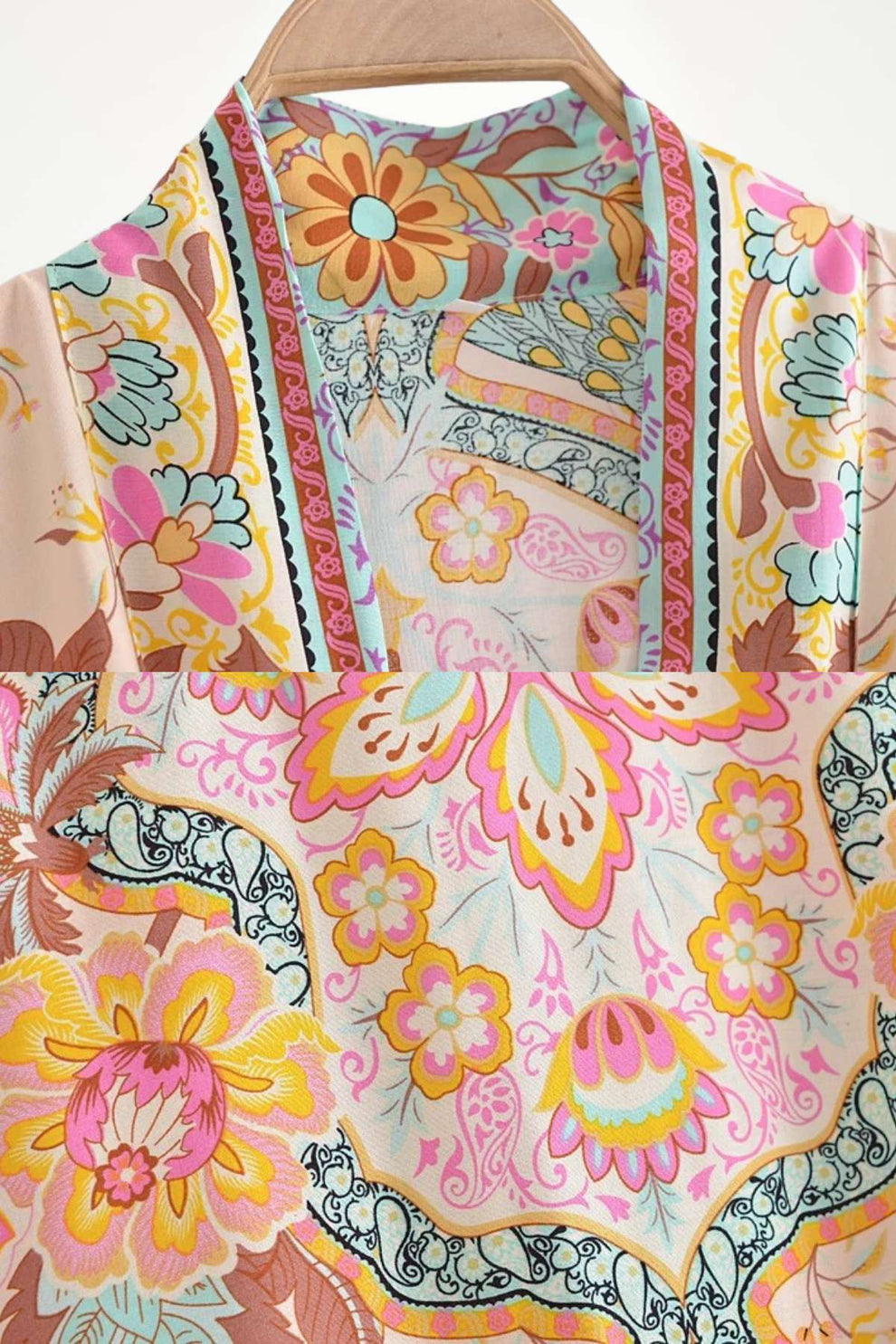 détail imprimé floral multicolore sur fond beige sable du kimono estival Kimoky