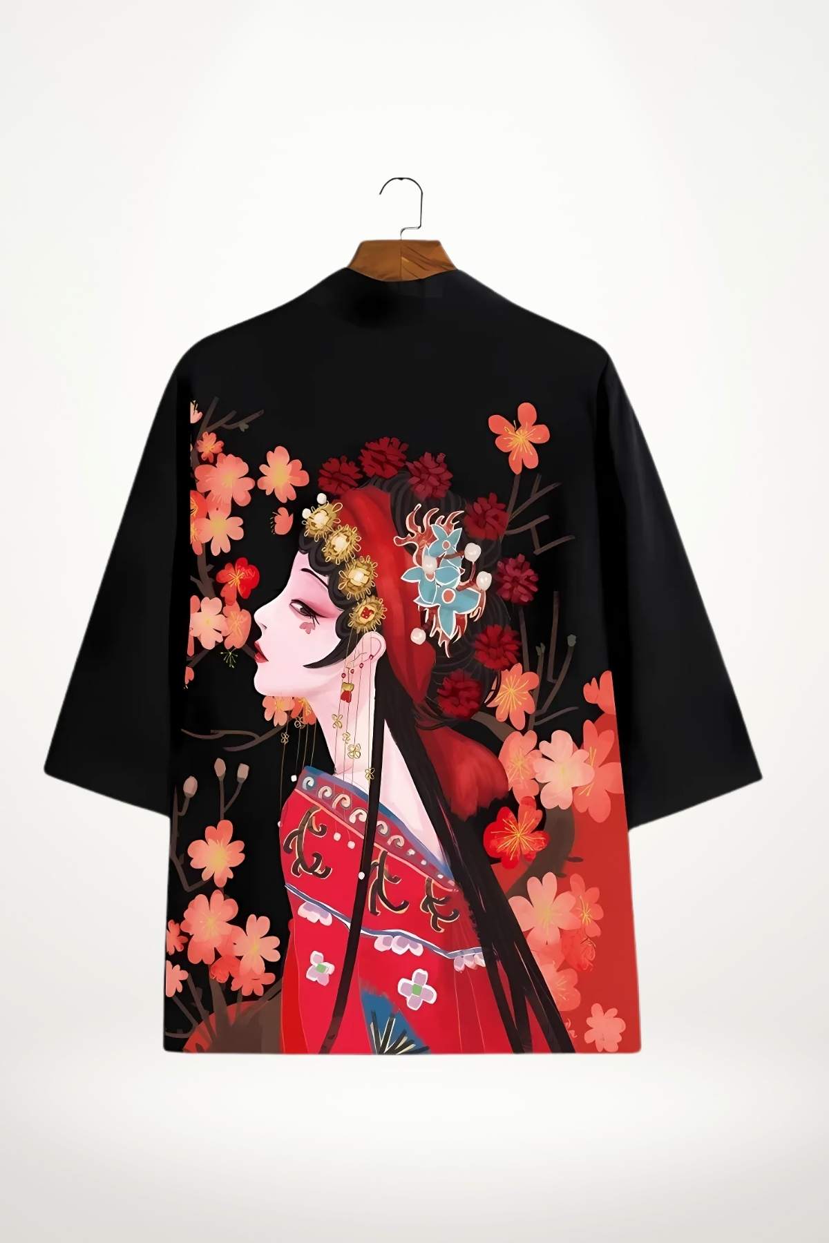 Un kimono noir orné de motifs floraux colorés, représentant une femme avec des cheveux longs et un bandeau