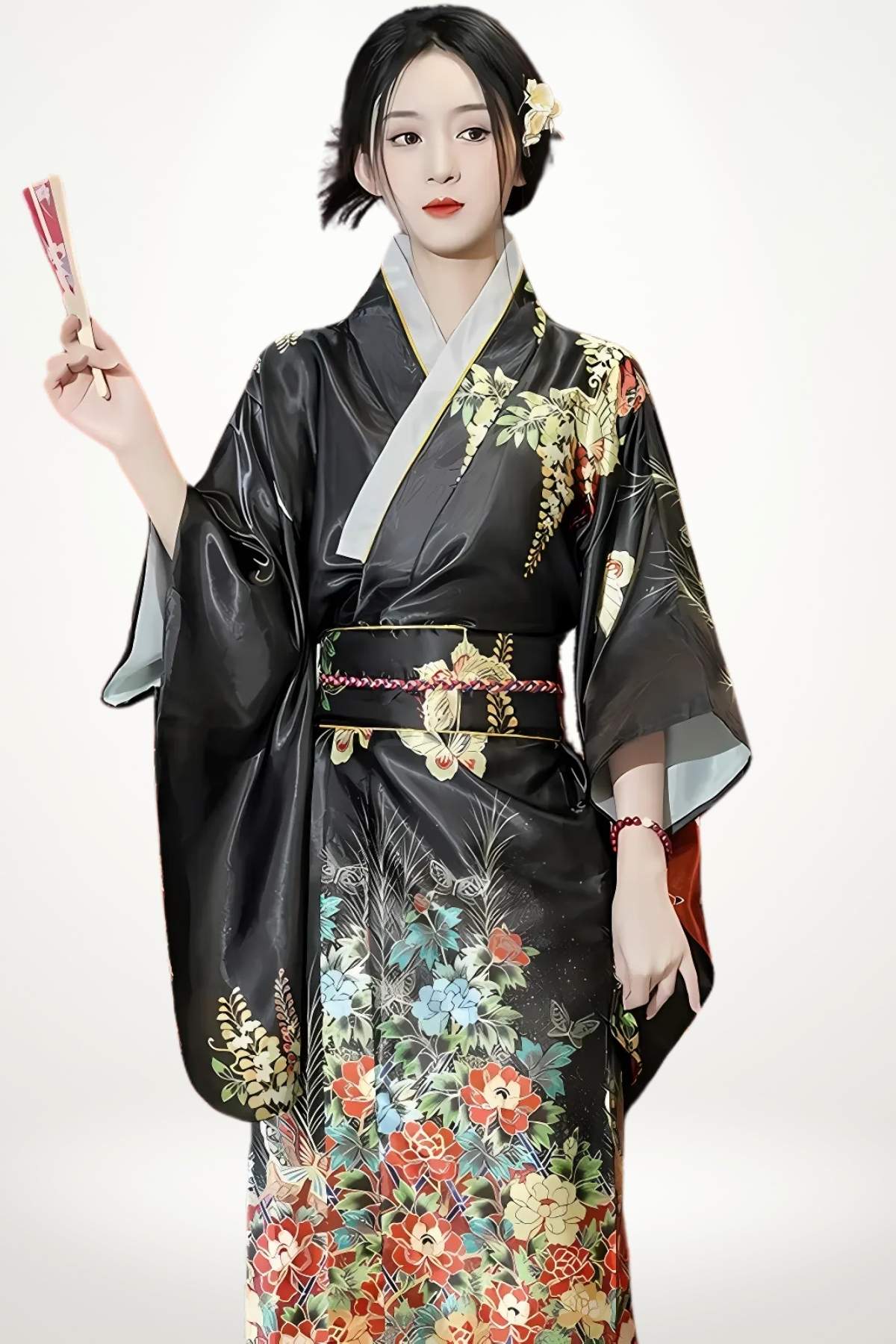 Femme en kimono long noir en satin, motifs floraux et vignes japonaises en doré, ceinture obi tressée.```
