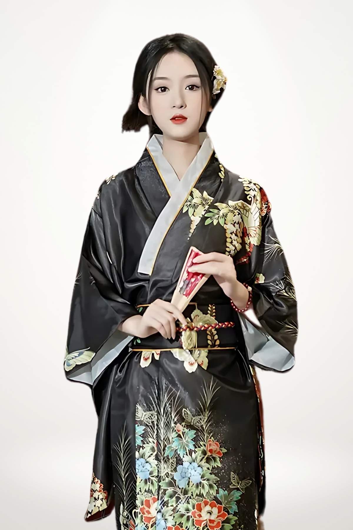 Femme en kimono noir avec motifs floraux colorés, tenant un éventail, sur fond blanc