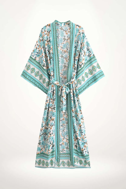 Kimono femme été fluide imprimé floral turquoise et blanc avec ceinture intégrée pour un style estival élégant et frais