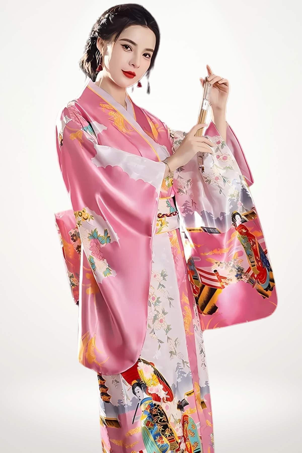 Femme en kimono rose aux motifs floraux, tenant un accessoire, sur fond clair et lumineux
