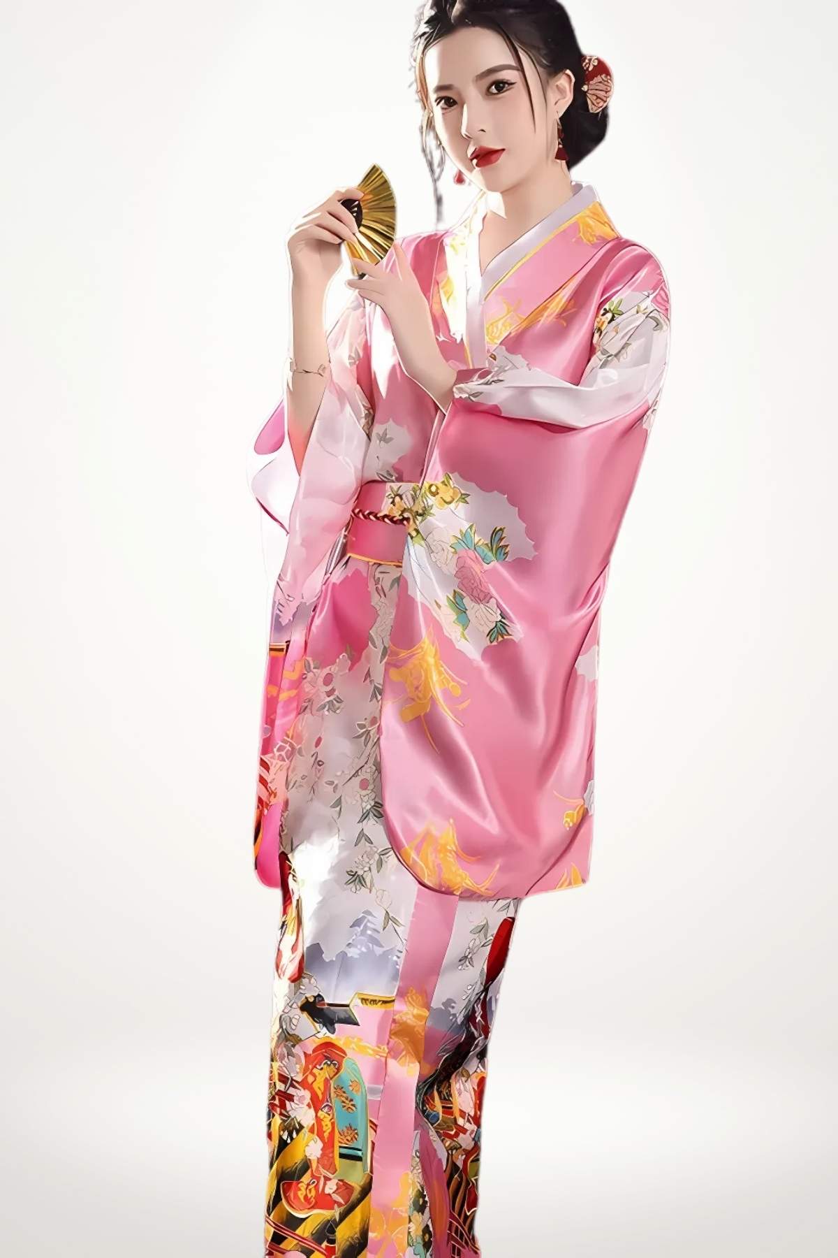 Femme en kimono rose aux motifs floraux, tenant un éventail doré, sur fond clair et épuré