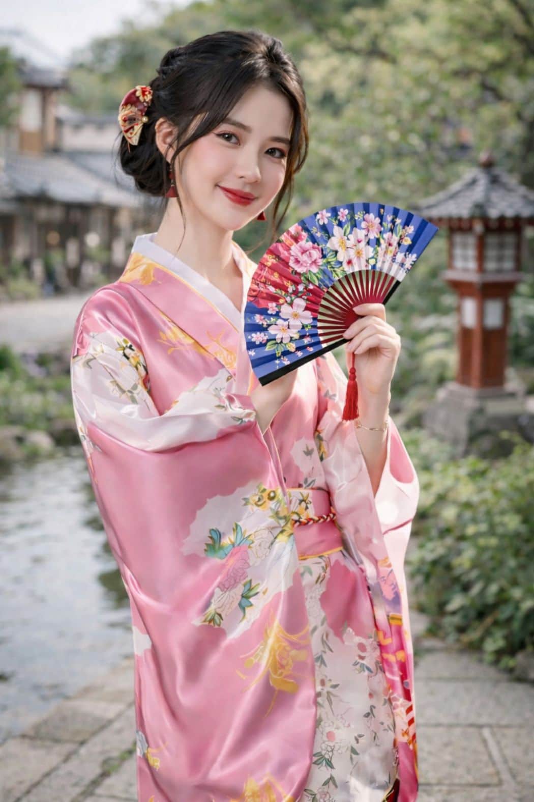 Femme en kimono rose avec motifs floraux, tenant un éventail coloré, dans un décor naturel et traditionnel japonais