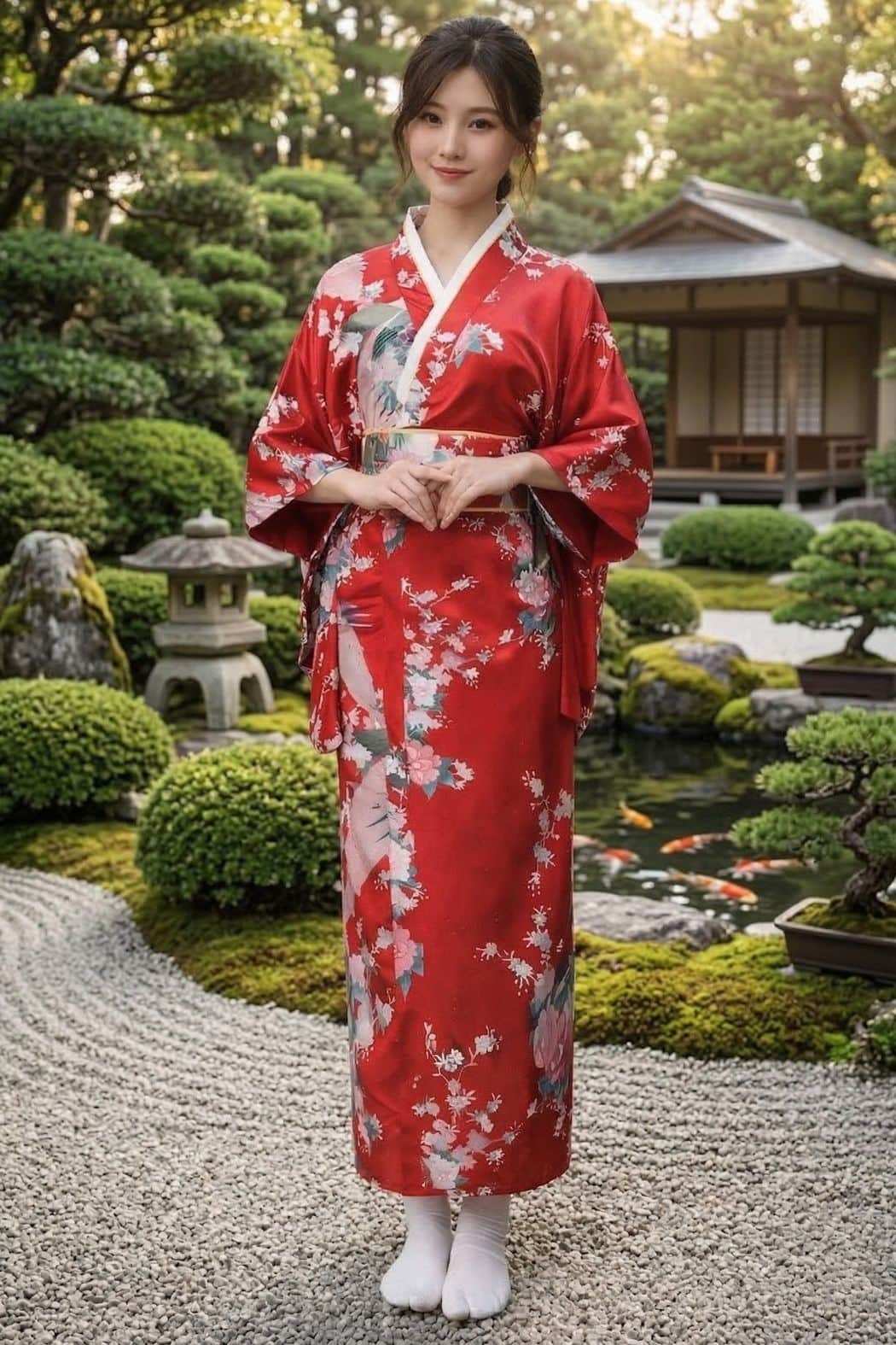Femme en kimono rouge orné de fleurs, posant dans un jardin japonais avec des pierres et des arbres taillés