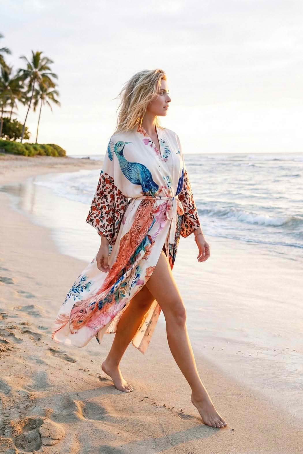 Femme marchant sur la plage, portant un kimono en satin aux motifs colorés de fleurs et d'oiseaux