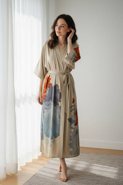 Femme en kimono en satin beige avec motifs floraux colorés, posant dans un intérieur lumineux et minimaliste