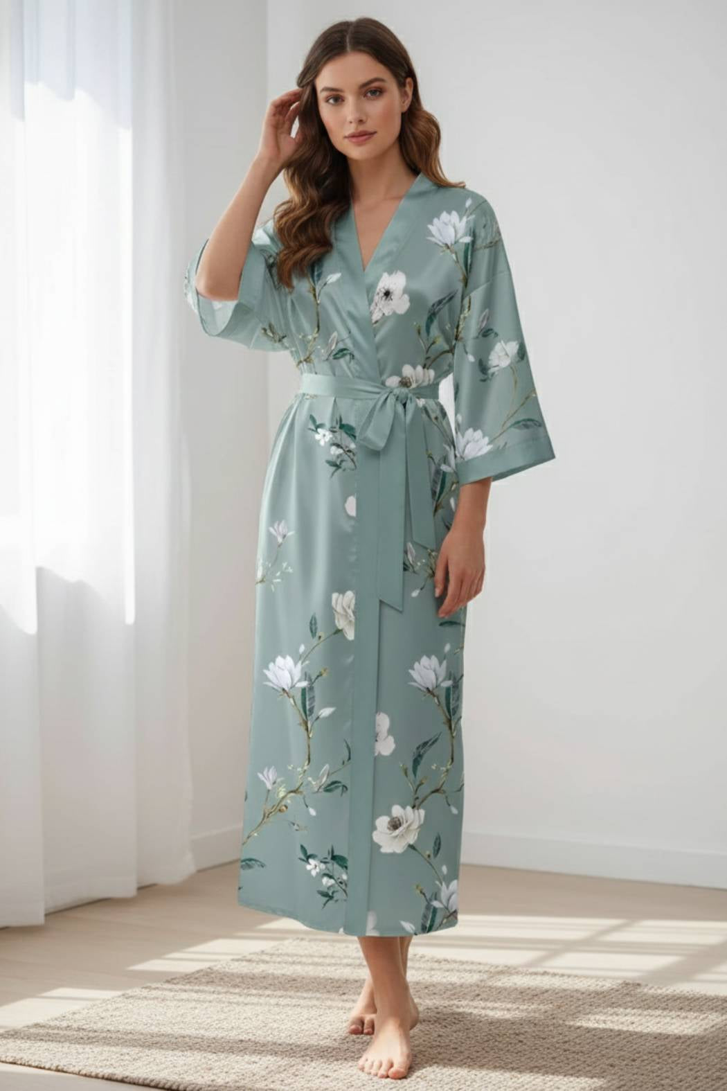 Femme en kimono léger vert avec des motifs floraux, posant dans une pièce lumineuse et minimaliste