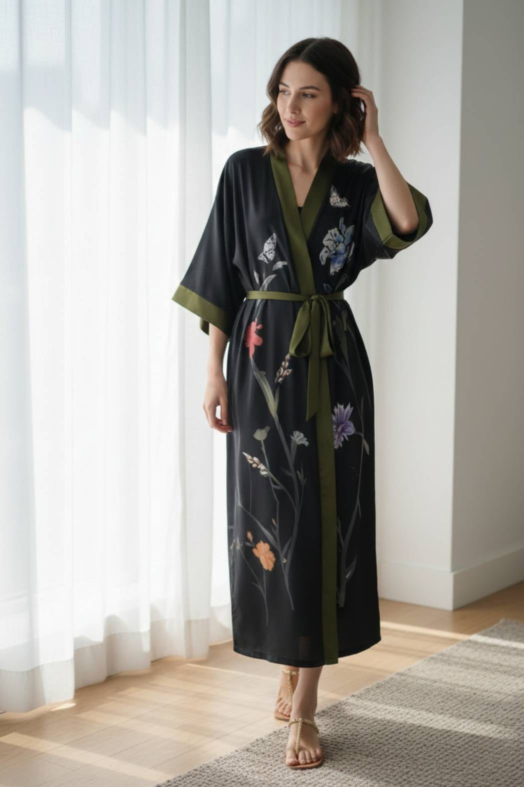 Kimono élégant à motifs floraux colorés sur fond noir, avec des manches larges et une ceinture verte