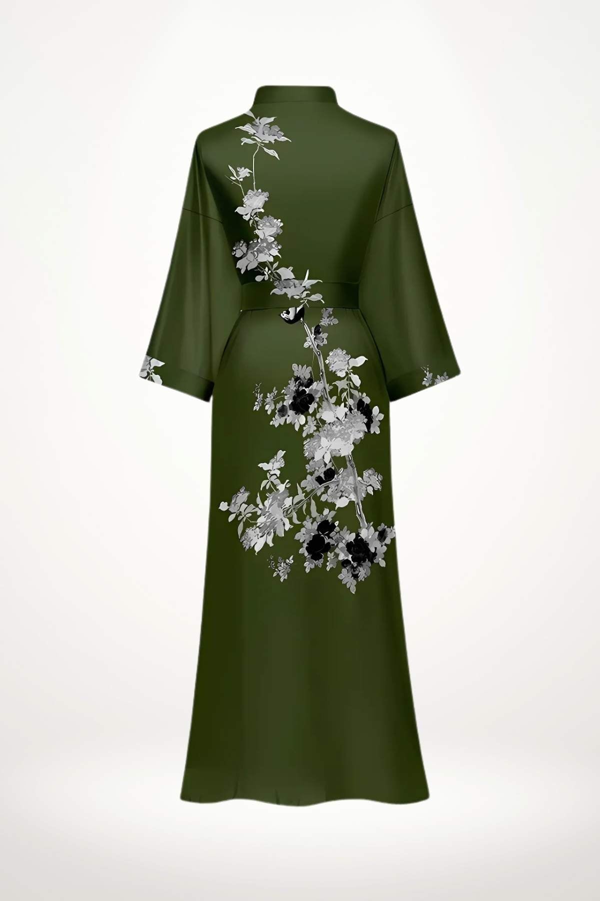 Kimono long en vert olive, avec motifs floraux noirs et gris sur le dos, tissu fluide et élégant