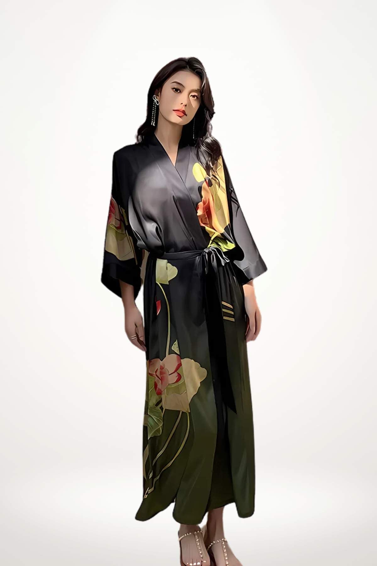 femme en kimono luxe noir satin motifs floraux dorés et verts

