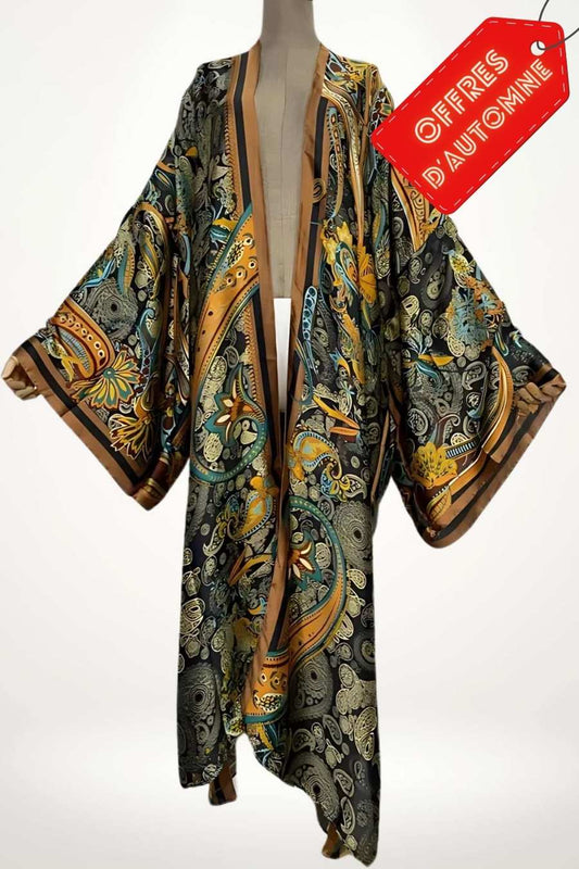 kimono femme long en satin noir à motifs arabesques multicolores, coupe ample et élégante avec une offre spéciale
