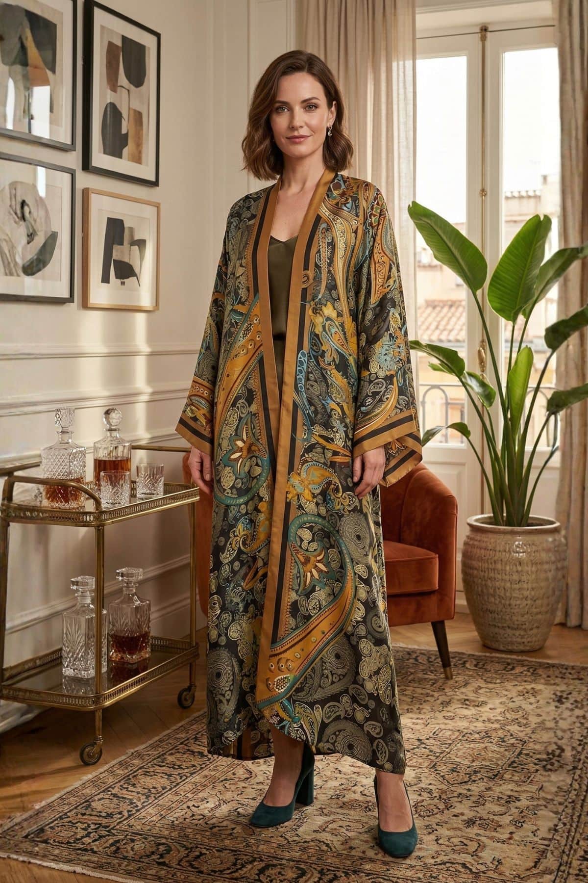 Femme en kimono long aux motifs colorés, se tenant dans un décor élégant avec plantes et mobilier vintage