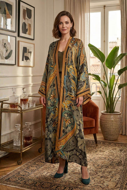 Femme en kimono long aux motifs colorés, se tenant dans un décor élégant avec plantes et mobilier vintage