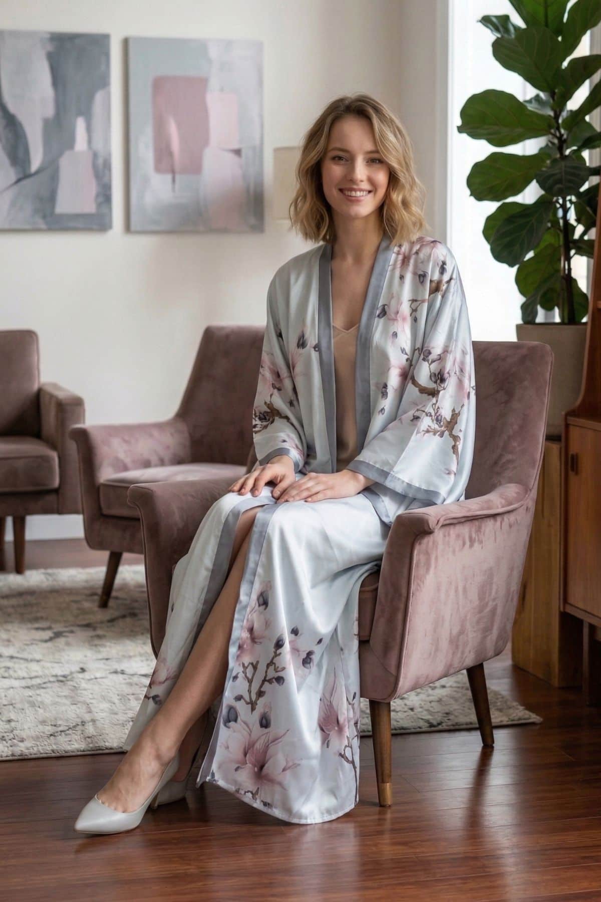 Femme souriante portant un kimono long bleu clair avec des motifs floraux, assise sur un fauteuil dans un décor moderne