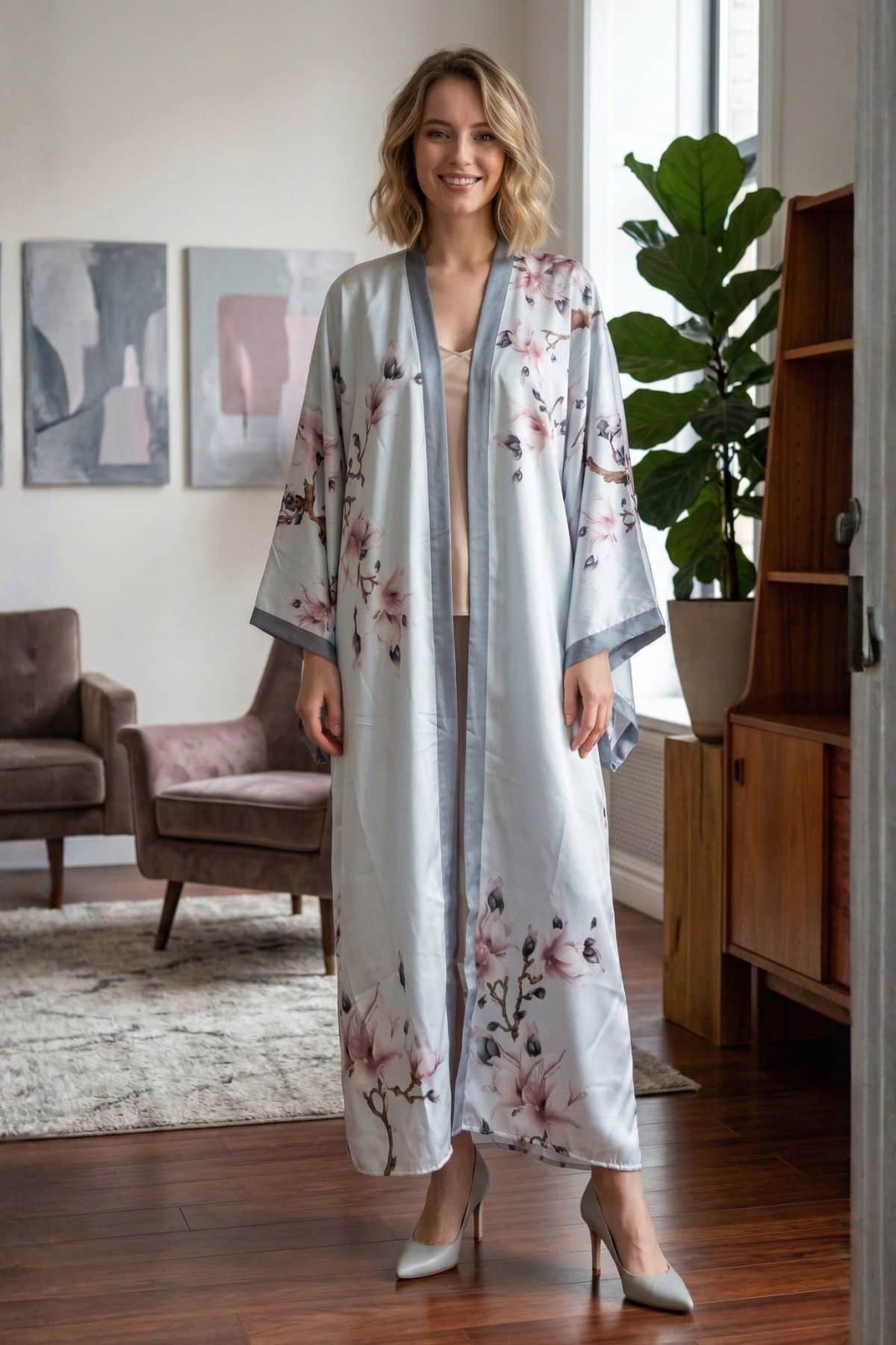 Femme souriante portant un kimono long en satin bleu clair avec des motifs floraux roses, dans un intérieur moderne