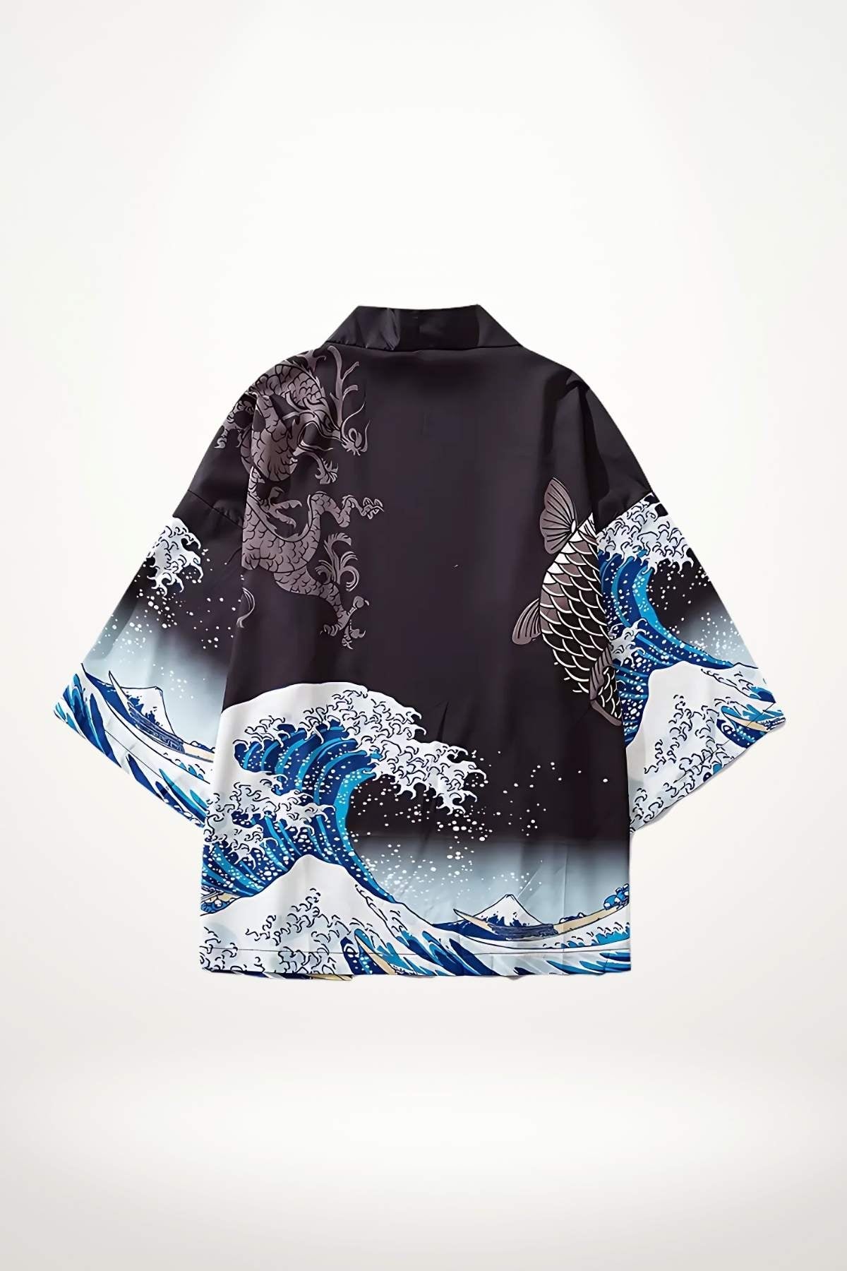 Kimono noir avec motifs de vagues bleues et dragon, manches larges, style japonais élégant et urbain