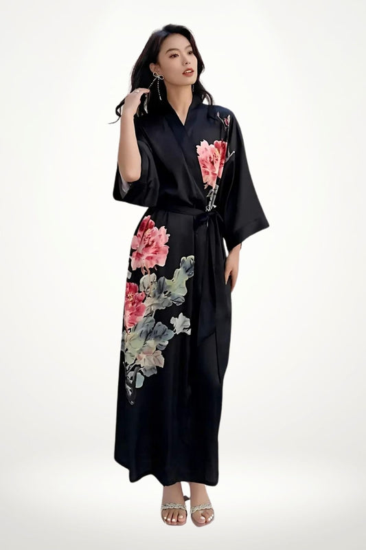 kimono luxe femme satin noir motif pivoine rose discret chic taille unique 