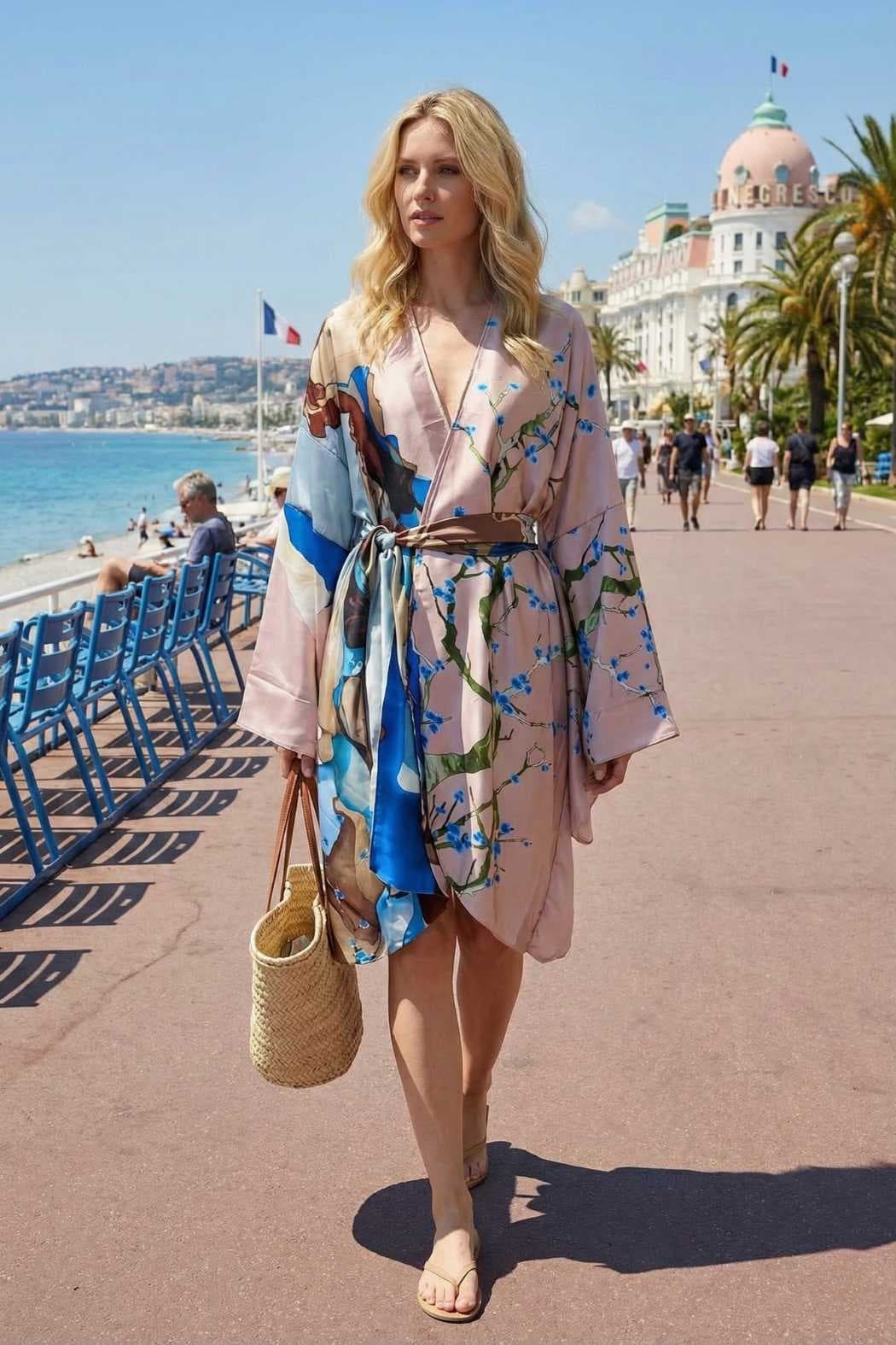 Femme marchant sur une promenade ensoleillée, portant un kimono en satin aux motifs floraux et une sacoche en osier
