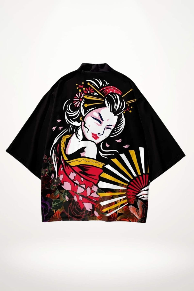 Kimono noir avec motifs colorés de fleurs et d'une femme japonaise, style manga, fond uni