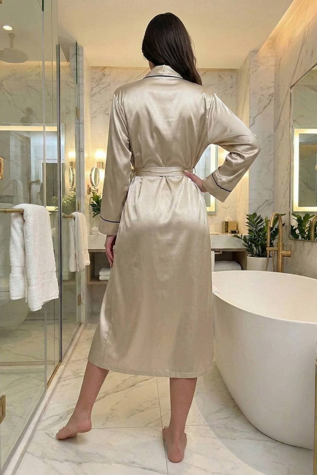 Femme portant un kimono en satin beige, debout dans une salle de bain moderne avec des murs en marbre